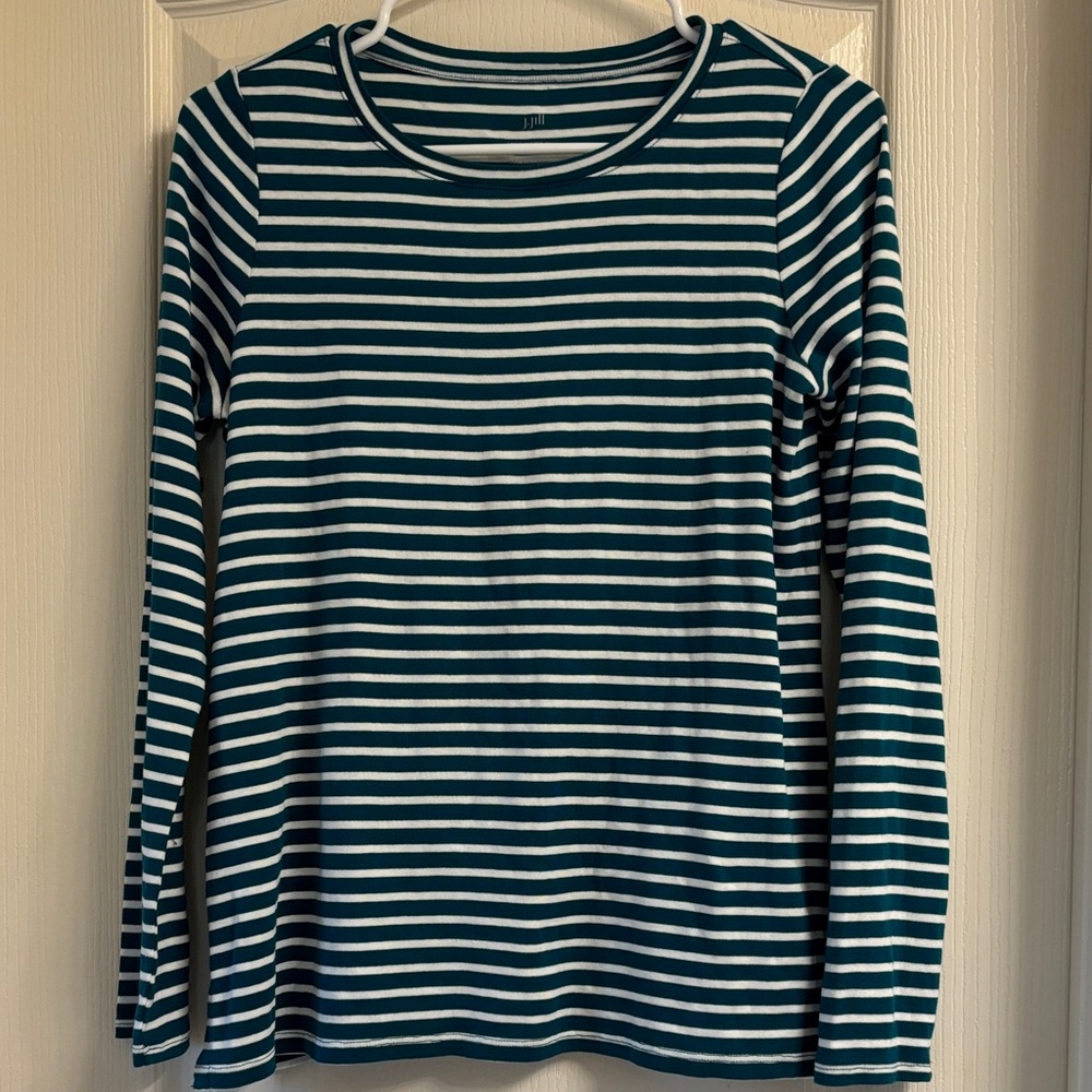 J. Jill Teal and White Striped Long Sleeve Tee